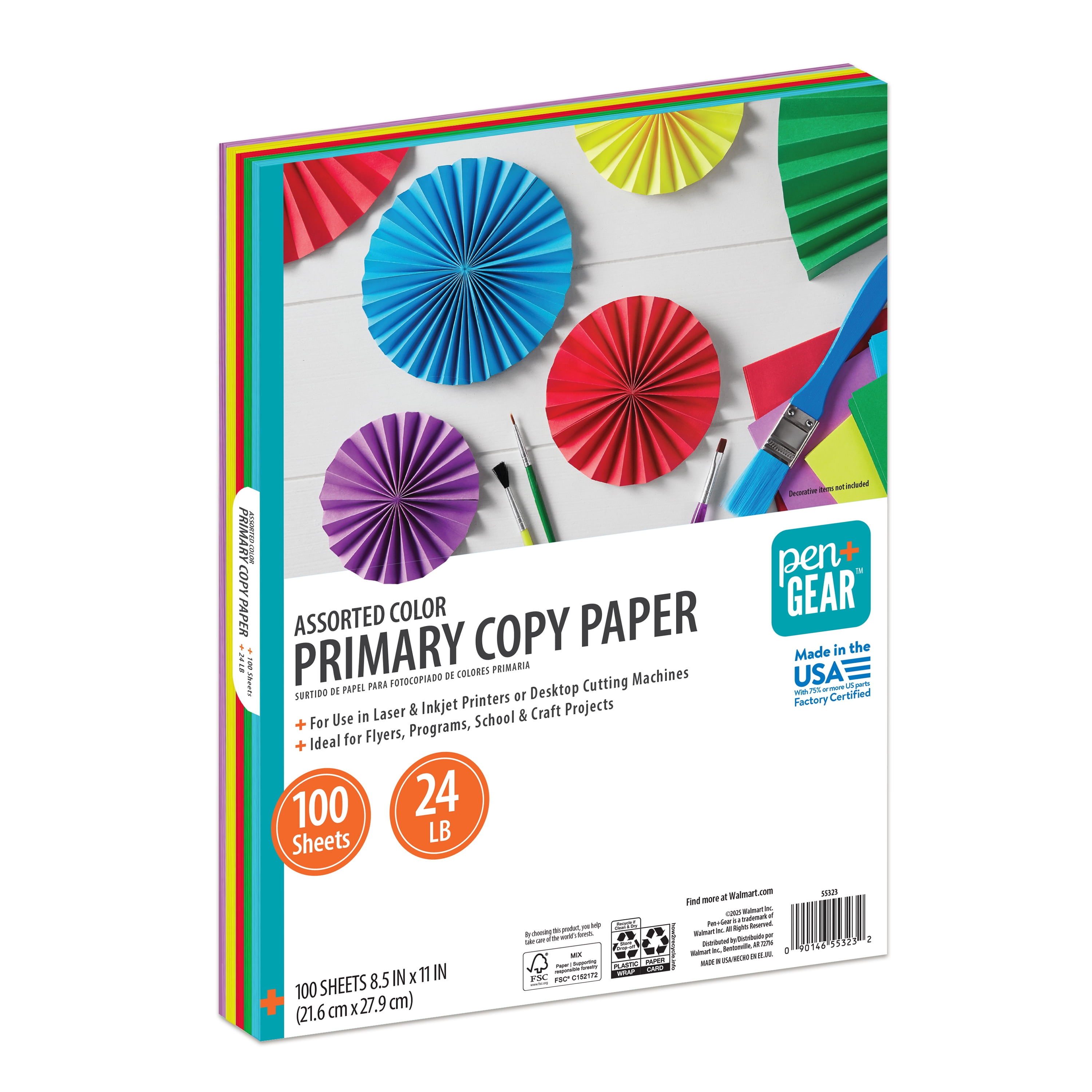 Pen+Gear Assorted Primary Copy Paper, 8.5" x 11", 24 lb, 100 Sheets