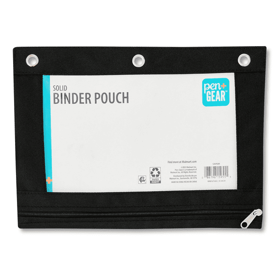 Pen + Gear Black Solid Polyester Zipper Binder Pouch, Pencil Pouch For Binder