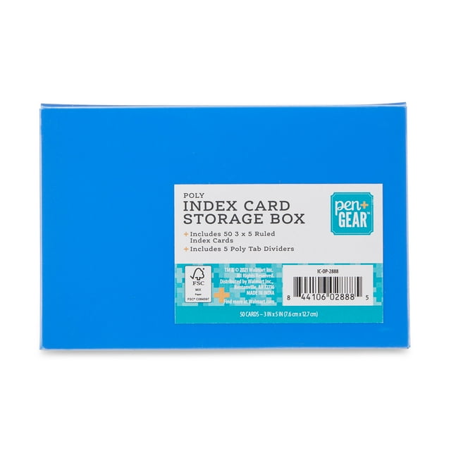 Pen+Gear Blue Poly Index Card Storage Box with Ruled Index Card