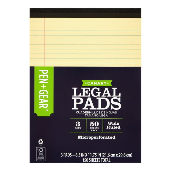 Pen+Gear Canary Legal Pad 50 Pages, 3 Count, 8.5 X 11.75