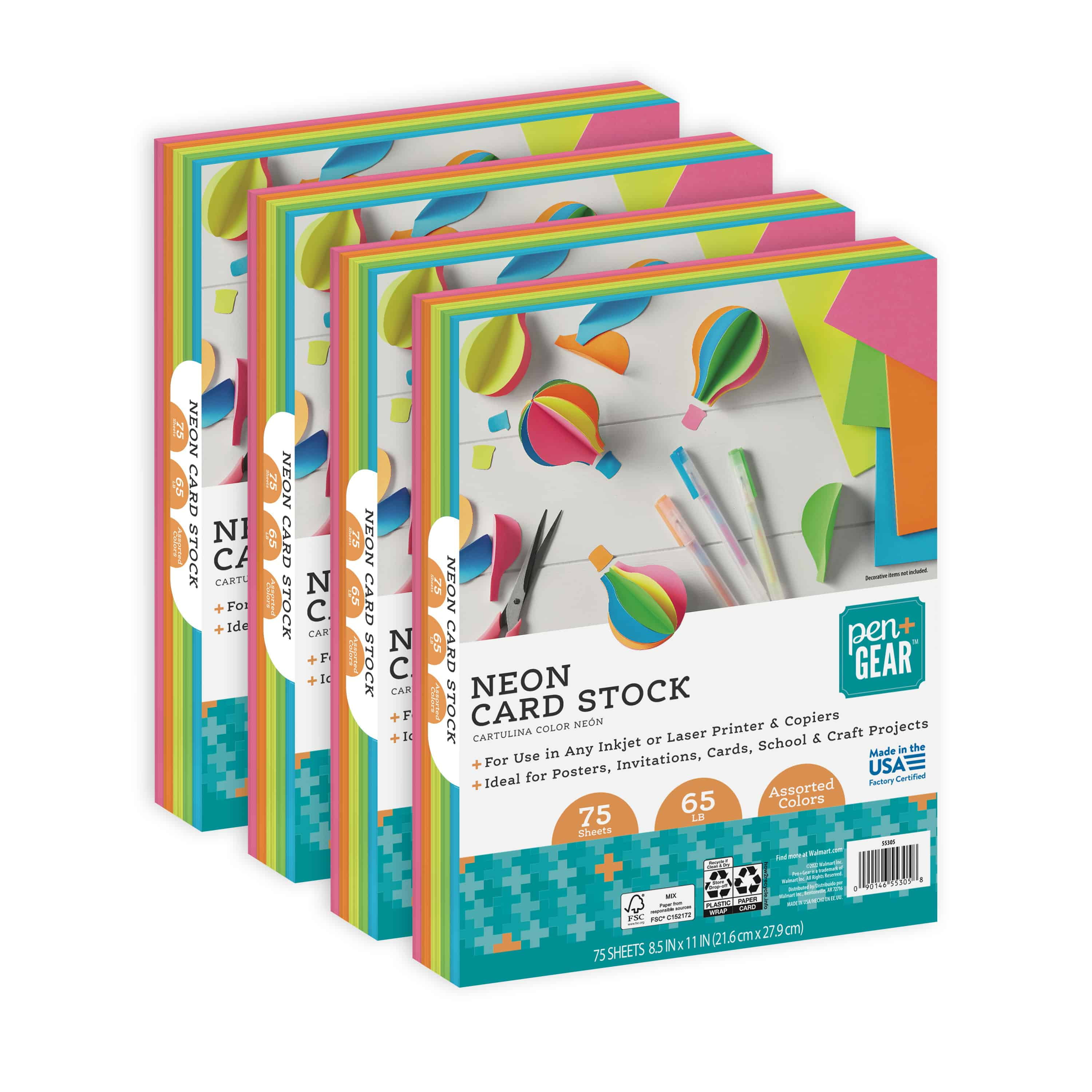Pen + Gear Card Stock Paper, Assorted Neon, 8.5 x 11, 65 lb, 300 Sheets, 55305-4