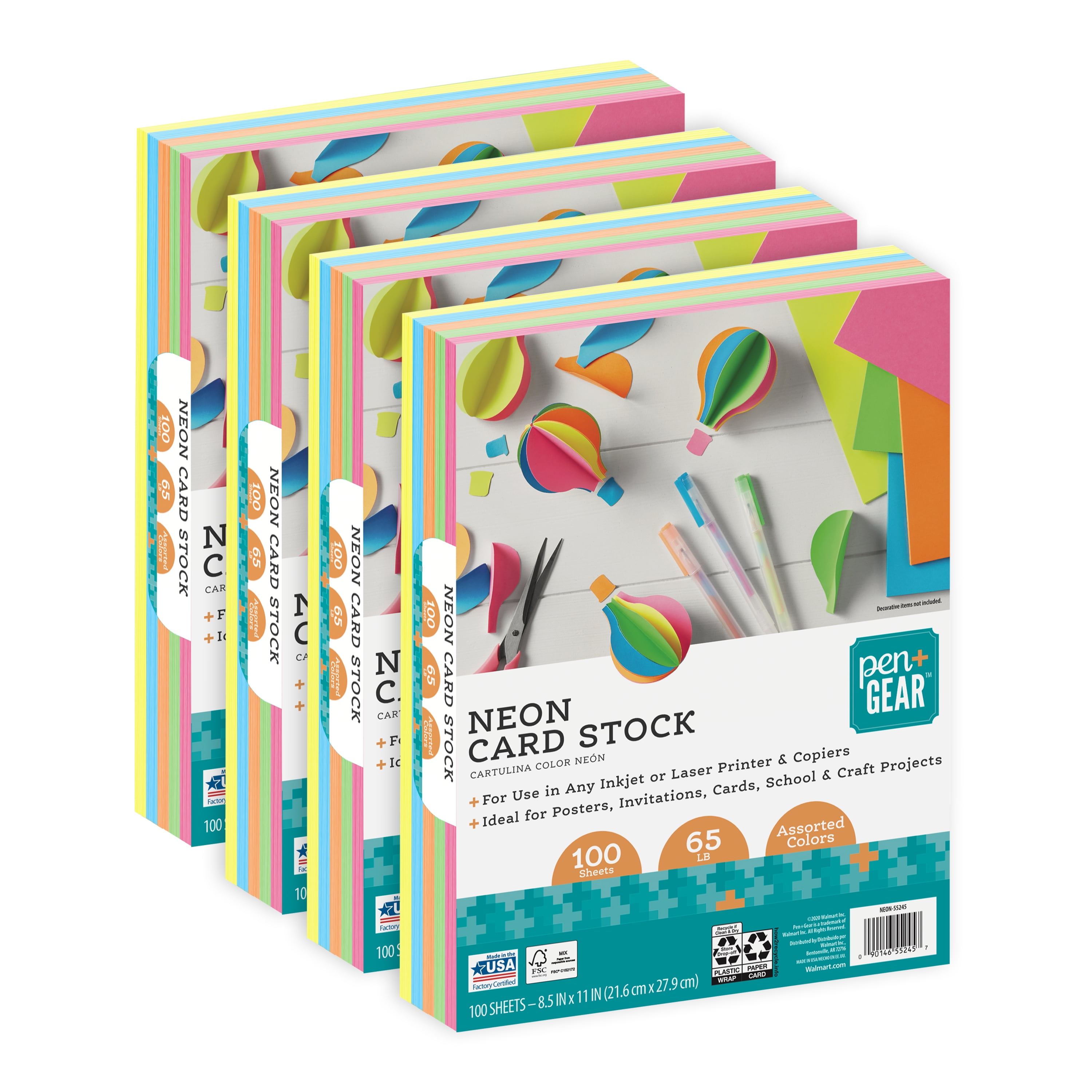 Pen + Gear Cardstock Paper, Assorted Neon, 8.5 x 11, 65 lb, 100
