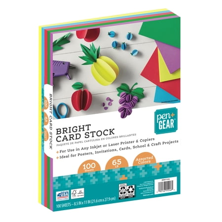 Pen+Gear Cardstock Paper, Assorted Bright, 8.5 x 11, 65 lb, 100 Sheets