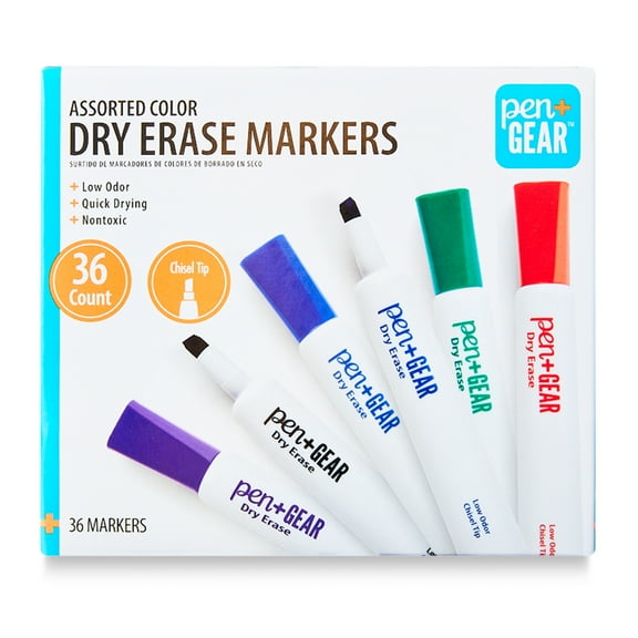 Pen+Gear Dry Erase Markers, Chisel Tip, Assorted Colors, 36 Count