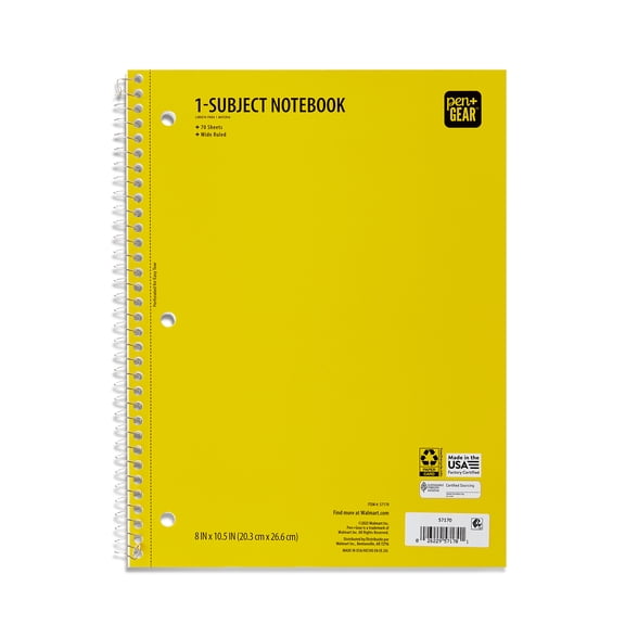 Pen+Gear College Rule 1-Subject Notebook, 10.5" x 8", Yellow, 70 Sheets