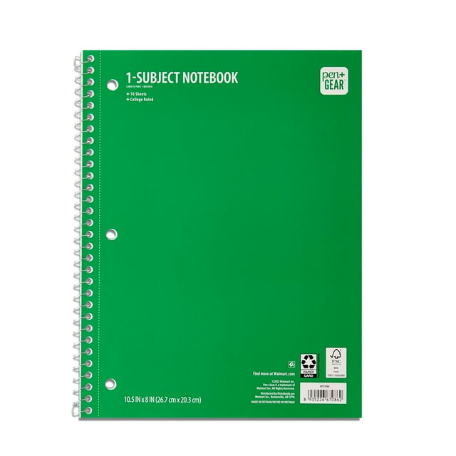Pen+Gear College Ruled 1Subject Notebook, 8" x 10.5", Green, 70 Sheets