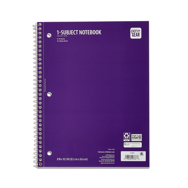 Pen+Gear College Ruled 1Subject Notebook, 8" x 10.5", Purple, 70