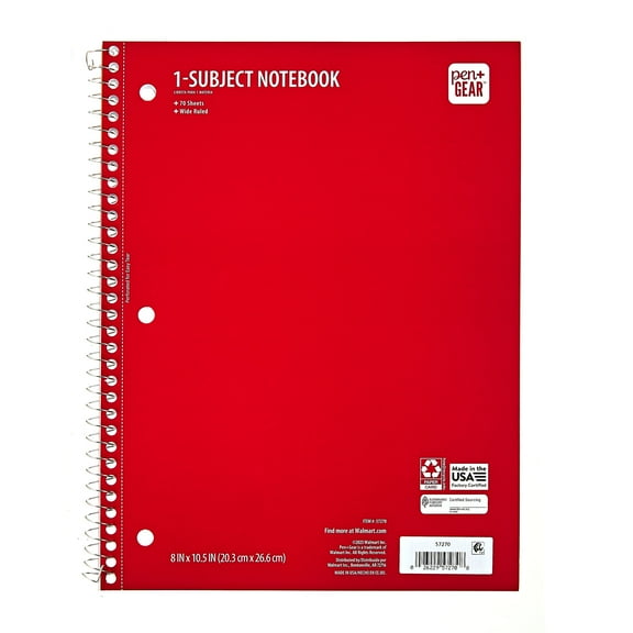 Pen+Gear College Ruled 1-Subject Notebook, 8" x 10.5", Red, 70 Sheets