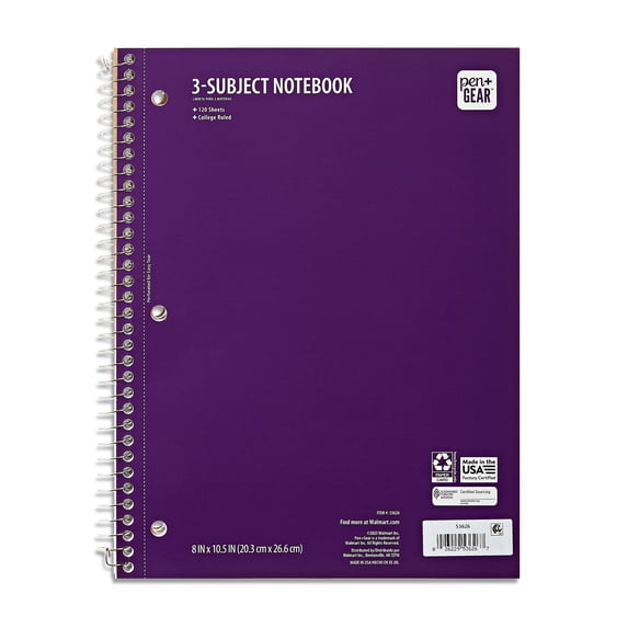 Pen + Gear College Ruled 3-Subject Notebook, 8" x 10.5", Purple, 120 Sheets