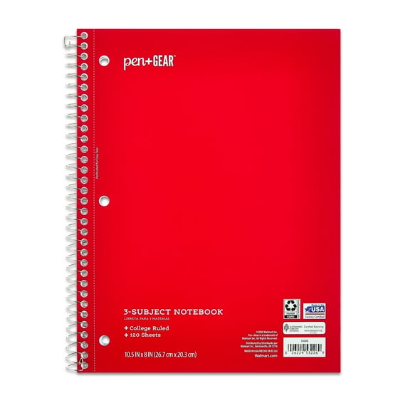 Pen + Gear College Ruled 3-Subject Notebook, 8" x 10.5", Red, 120 Sheets