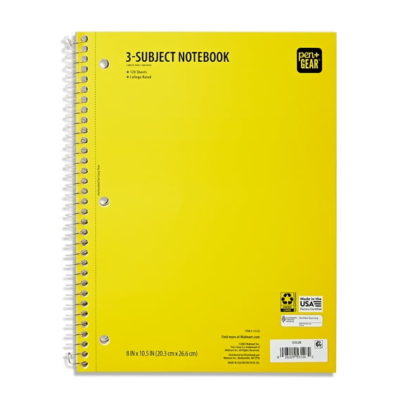 Pen + Gear College Ruled 3-Subject Notebook, 8" x 10.5", Yellow, 120 Sheets