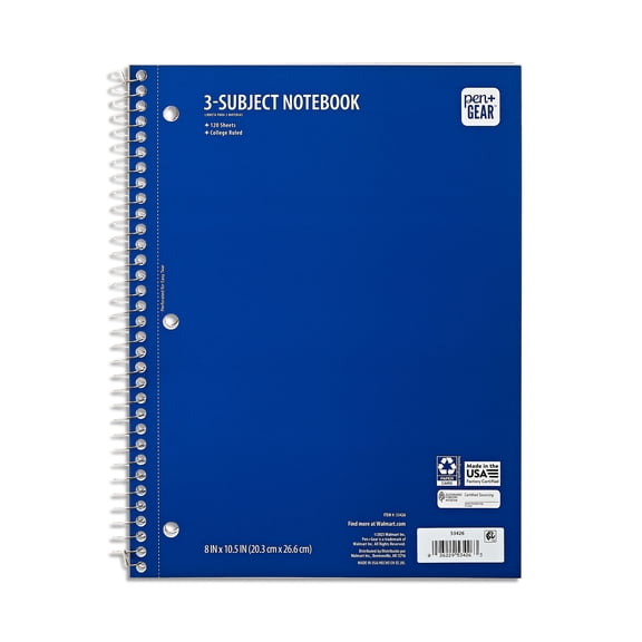 Pen + Gear College Ruled 3-Subject Spiral Notebook, Blue, 10.5" x 8", 120 Sheets