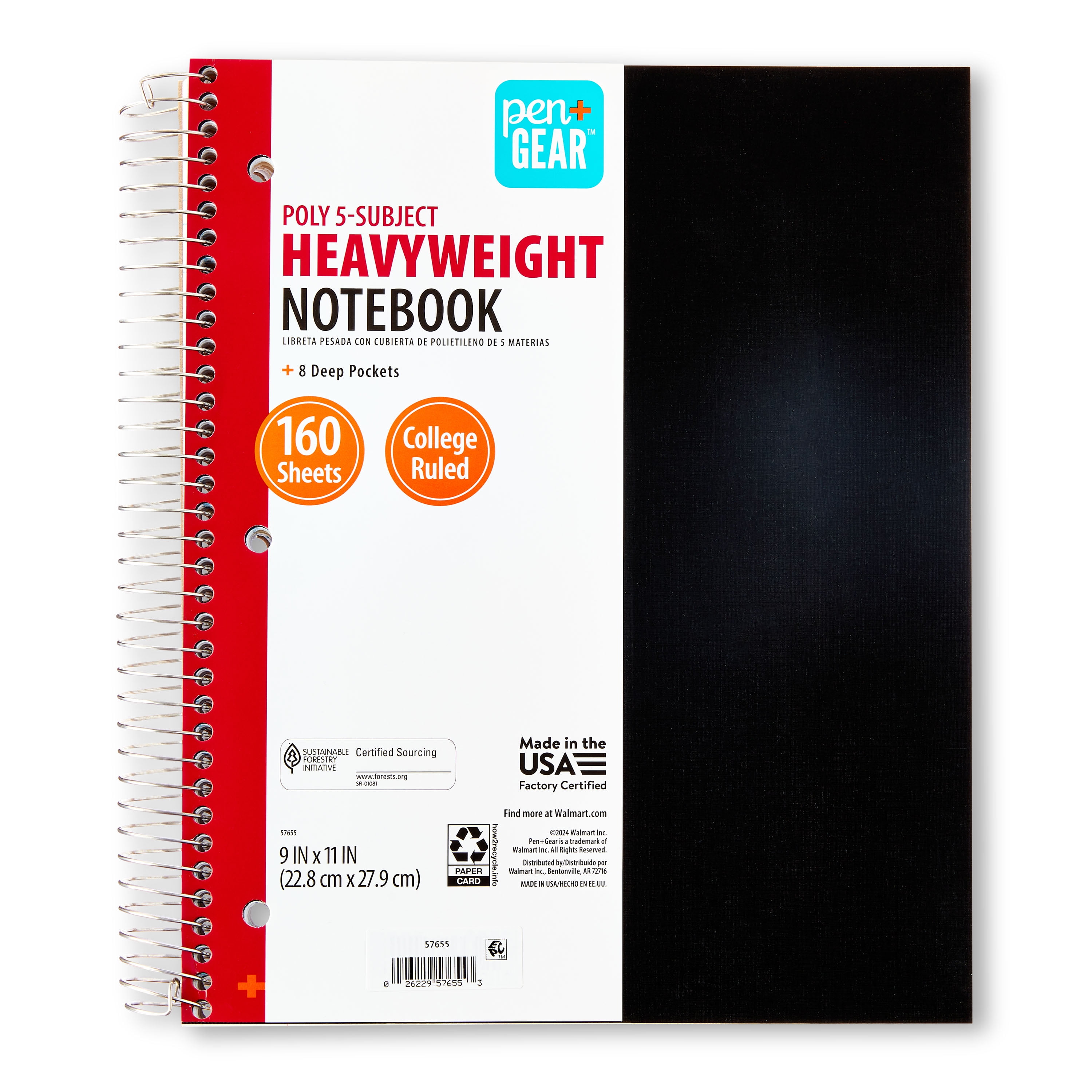 Pen+Gear College Ruled 5-Subject Poly Notebook, 9" x 11", Black, 160 Sheets