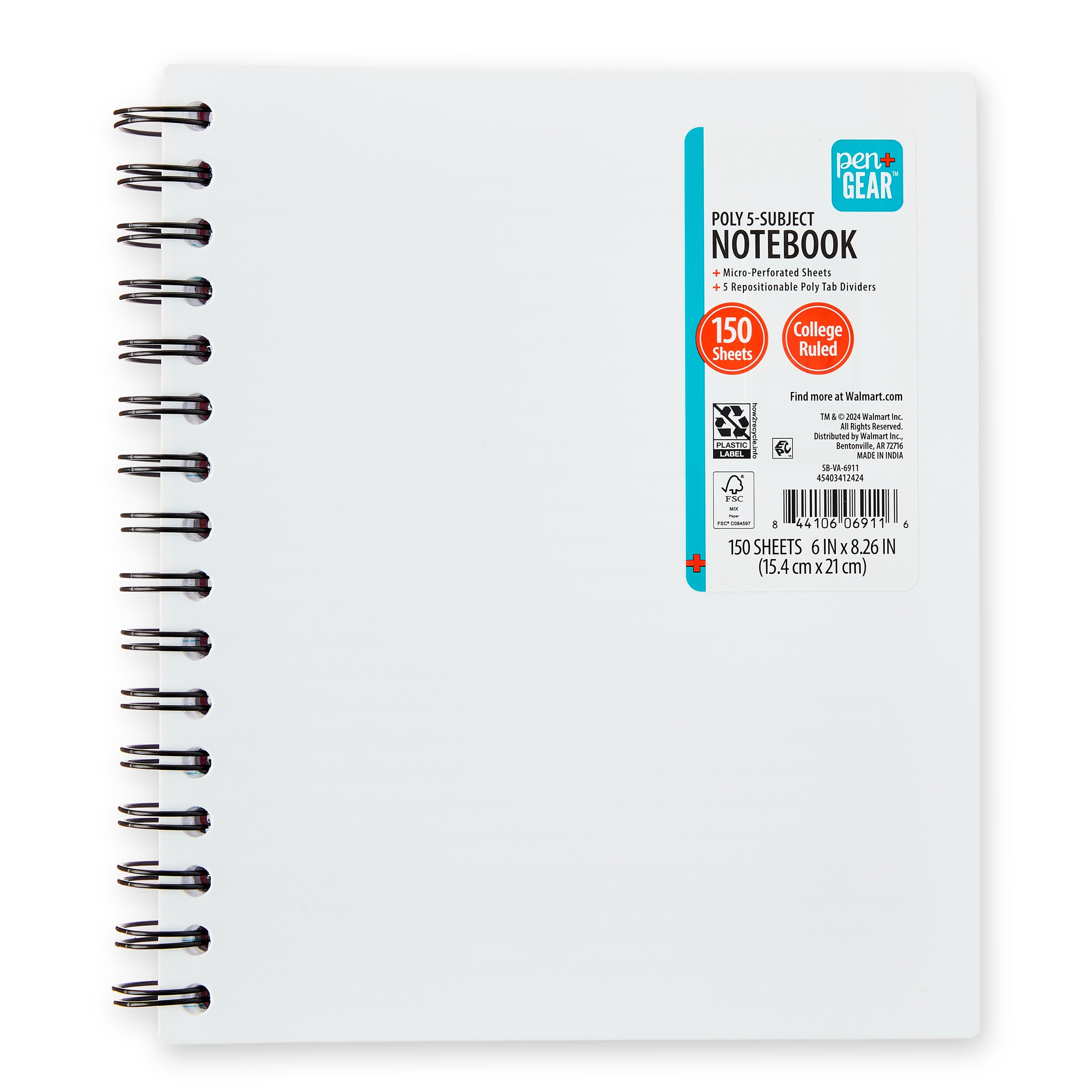 Pen+Gear College Ruled 5-Subject Poly Notebook, 6" x 8.26", White, 150 Sheets