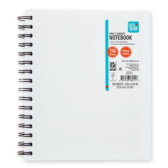 Pen+Gear College Ruled 5-Subject Poly Notebook, 6" x 8.26", White, 150 Sheets