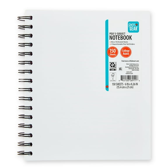 Pen+Gear College Ruled 5-Subject Poly Notebook, 6" x 8.26", White, 150 Sheets