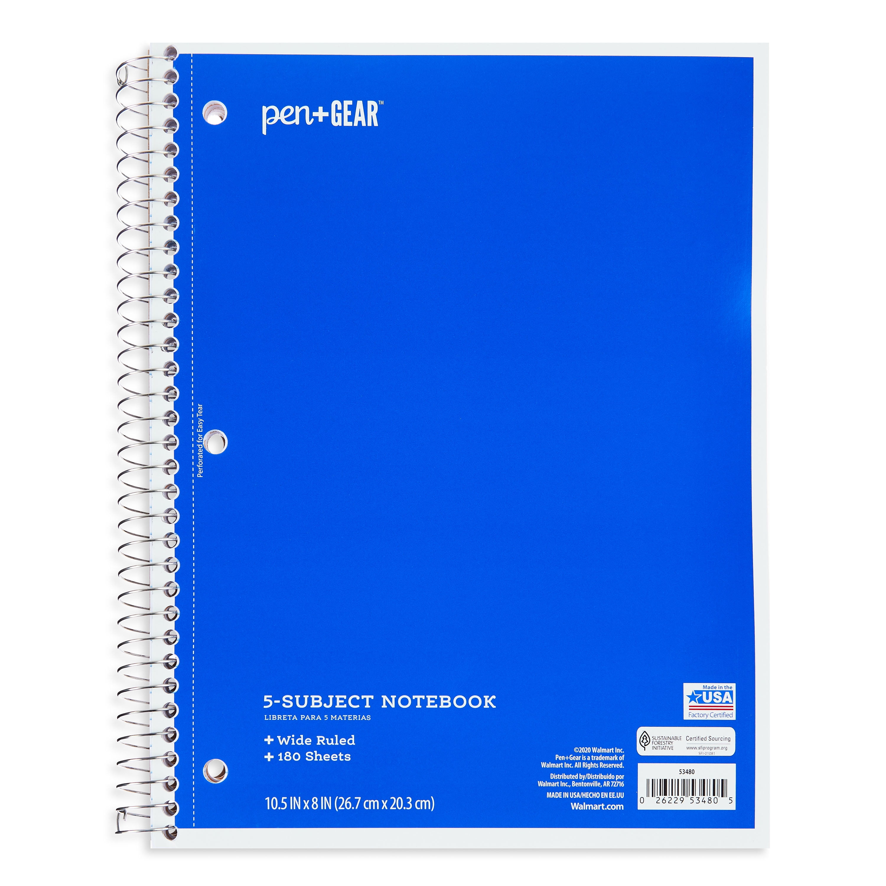 Pen+Gear College Ruled 5Subject Spiral Notebook, Blue, 10.5" x 8", 180