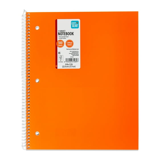 Pen+Gear College Ruled Poly 1-Subject Notebook with Inside Pockets, 9" x 11", Orange, 100 Heavyweight Sheets