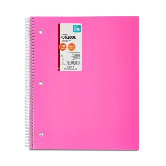 Pen+Gear College Ruled Poly 1-Subject Notebook with Inside Pockets, 9" x 11", Pink, 100 Heavyweight Sheets