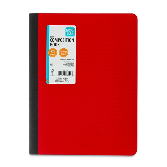 Pen+Gear Composition Book, College Ruled, 7.5"x 9.75", Poly Cover,Red, 80 Sheets