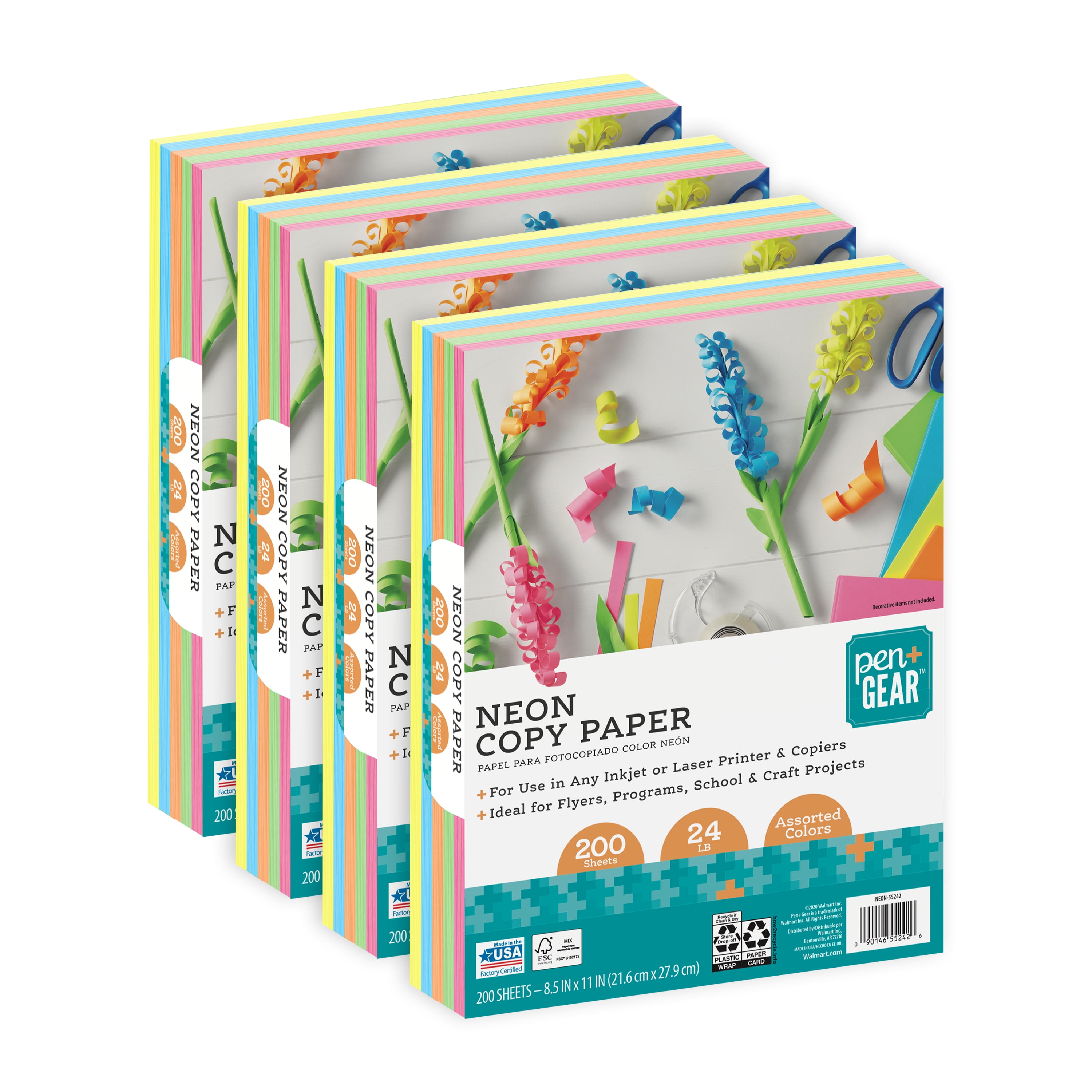 Pen + Gear Color Copy Paper, Assorted Ultra-Bright Neon, 8.5 x 11, 24 lb, 800 Sheets, Size: 800 Sheets