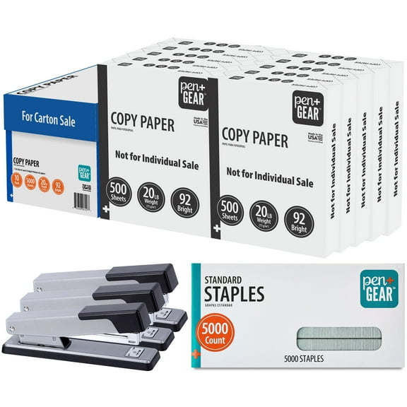 Pen+Gear Copy Paper, 8.5" x 11", 92 Bright White, 20 lb., 10 Ream Case (5,000 Sheets) & 3 Staplers with 5,000 Staples