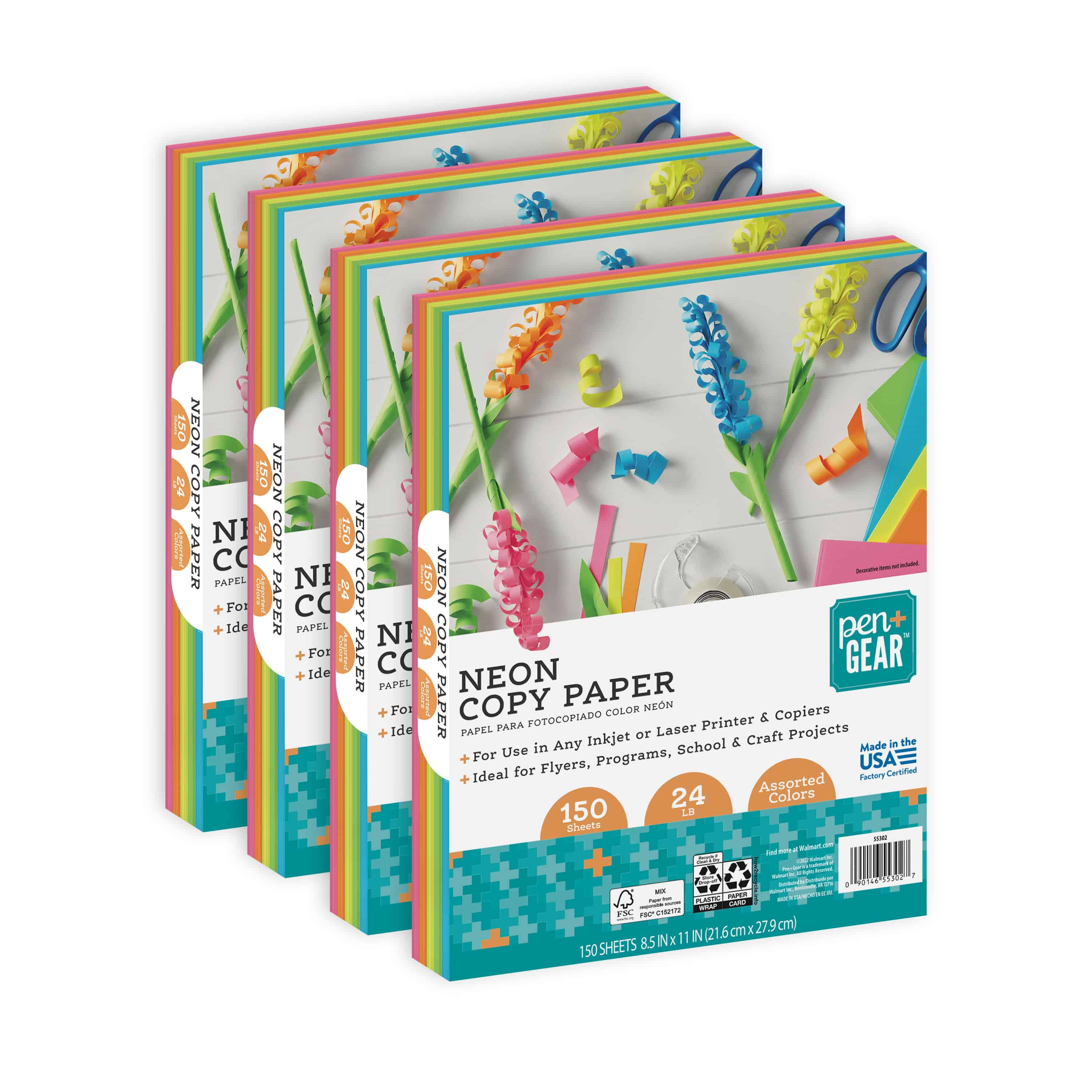 Neon Paper Pack of 150 (30 of Each Color), 8-1/2-x-11 Inches, 110 GSM 29 lb  Colorful Computer Printer Paper