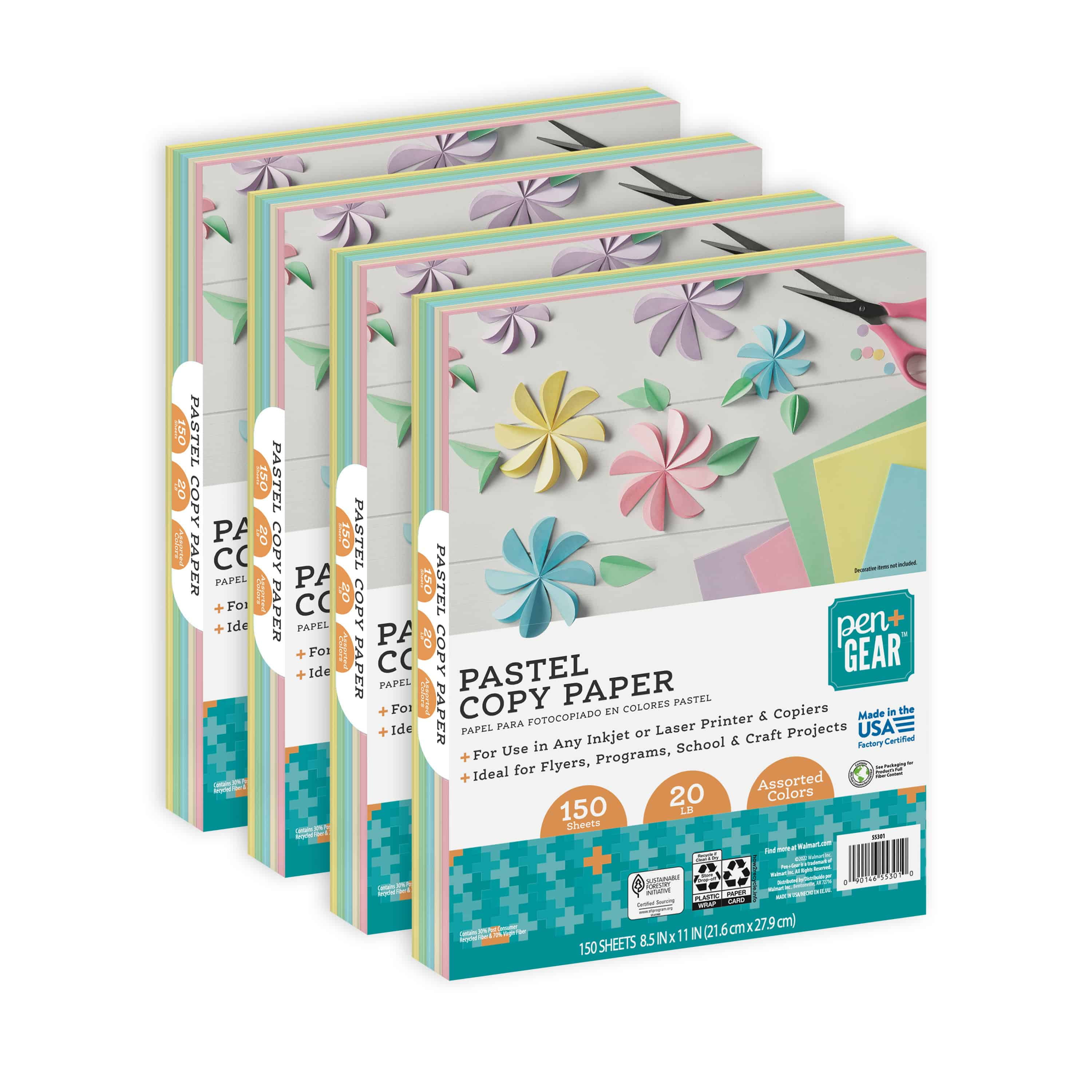 Printworks Pastel Paper, 20 lb, 4 Assorted Pastel Colors, 30% Recycled Color Printer Paper, 6 Pack Bundle, 600 Sheets, 8.5 x 11 inch (00577)