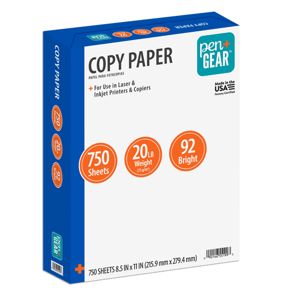 Pen+Gear Copy Paper, White, 8.5" x 11", 20 lb., 92 Bright, 1 Ream (750 Sheets)