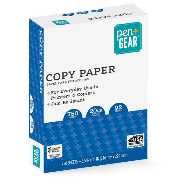 Pen+Gear Copy Paper, White, 8.5" x 11", 20 lb., 92 Bright, 750 Sheets