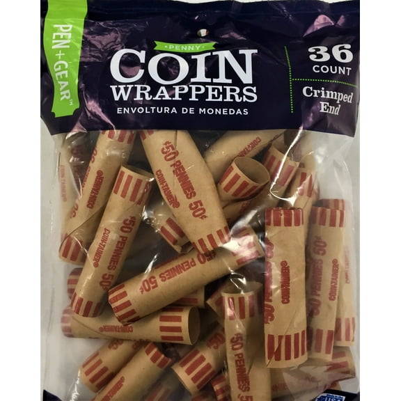 Pen + Gear Crimped End Coin Roll Wrappers, 50 Pennies, Kraft Paper, Brown, 36 Count