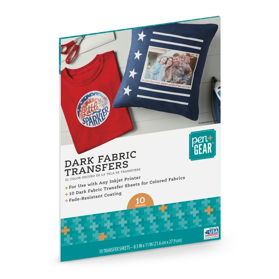 Pen+Gear Dark Fabric Transfer Paper for Colored Fabrics, Inkjet Printable, 8.5 x 11, 10 Sheets