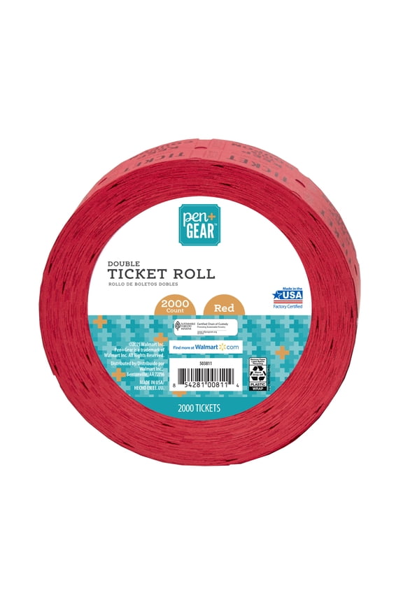 Red Double Raffle Ticket Roll, Red, Numbered Ticket Pairs, 2000 Count
