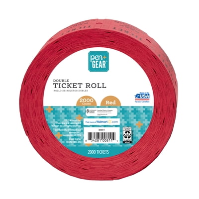 Pen+Gear Red Double Raffle Ticket Roll, Red, Numbered Ticket Pairs, 2000 Count