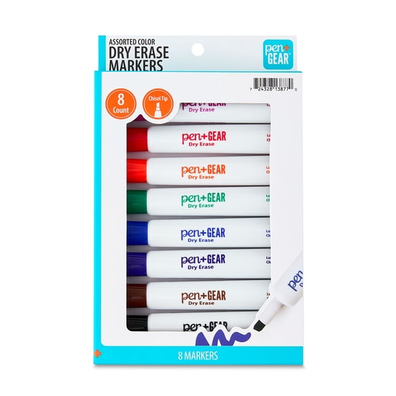 Pen+Gear Dry Erase Markers, Chisel Tip, Assorted Colors, 8 Count