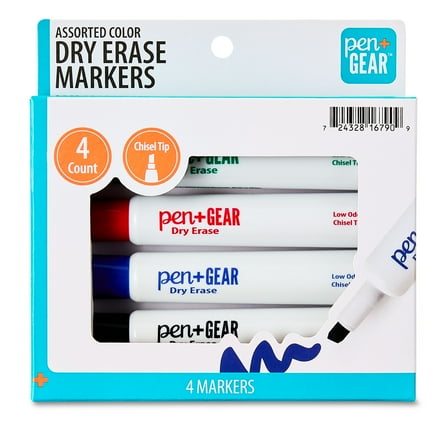 Pen+Gear Dry Erase Markers, Chisel Tip, Assorted Colors, 4 Count