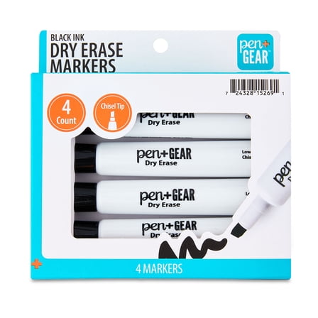 Pen+Gear Dry Erase Markers, Chisel Tip, Black, 4-Pack