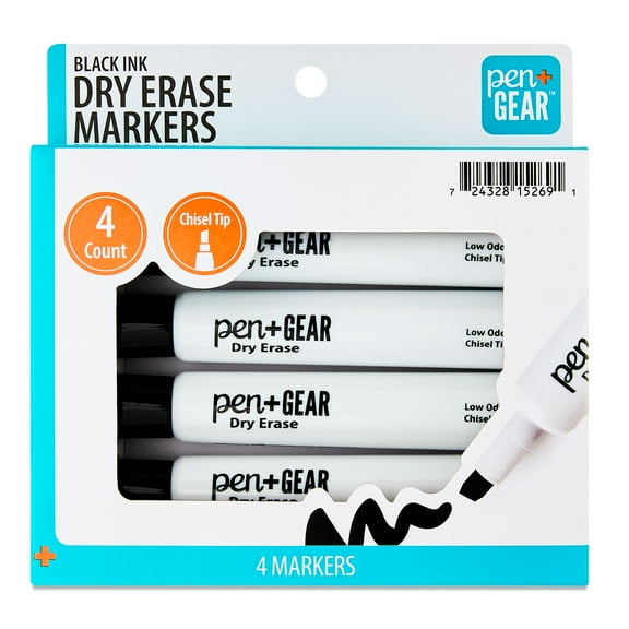 Pen+Gear Dry Erase Markers, Chisel Tip, Black, 4-Pack
