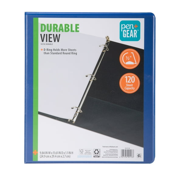 Pen+Gear Durable View 1/2" D-Ring Binder, Cobalt Blue