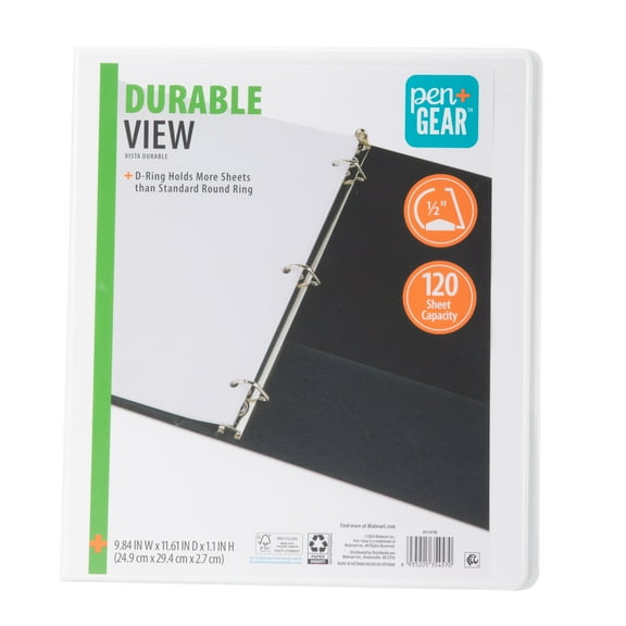Pen+Gear Durable View 1/2" D-Ring Binder, White