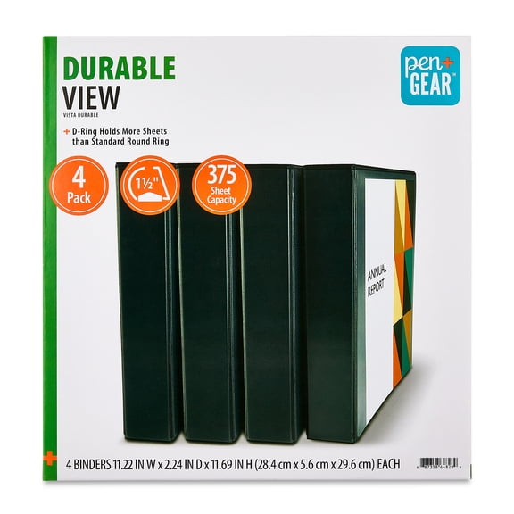 Pen+Gear 1.5-inch D-Ring Binders, Durable View, 4 Count, Black