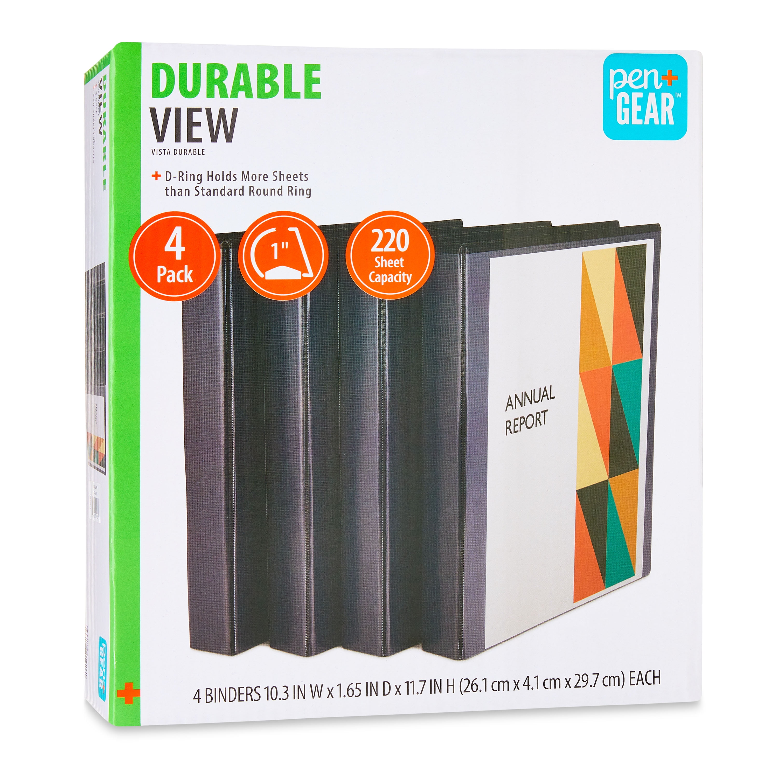 Pen+Gear Durable View 1" D-Ring Binders, Black, 4 Count