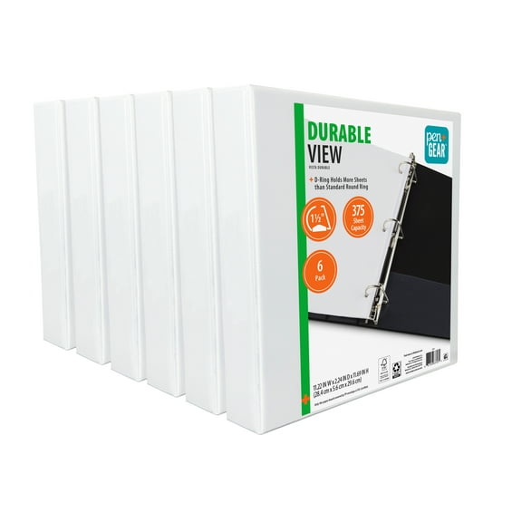 Pen + Gear Durable View 3-Ring Binder with 1.5-inch Rings, Slanted D-Rings, White, 6 Pack