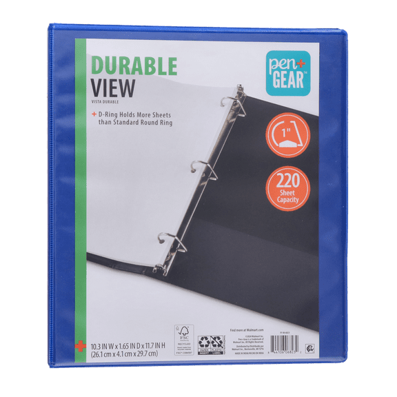 Pen+Gear Durable View 3-Ring Binder with 1” Slanted D-Rings, Blue