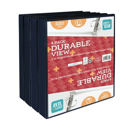 Pen+Gear Durable View 3-Ring Binder with 1-inch Rings 4-Pack (Black)