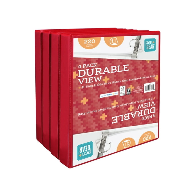 Pen+Gear Durable View 3-Ring Binder with 1-inch Rings 4-Pack (Red)