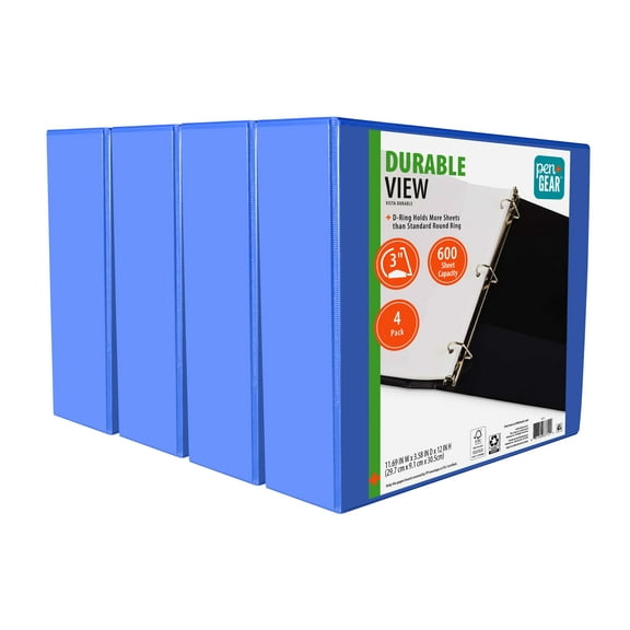 Pen + Gear Durable View 3-Ring Binder with 3-Inch  Rings  4 Pack (Blue)