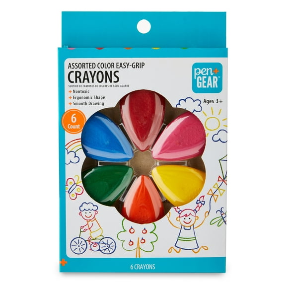 PEN+GEAR  6ct Easy- Grip  Crayons in Printed Paper Box,  Fashion Petal Shape ,6 Bright Colors
