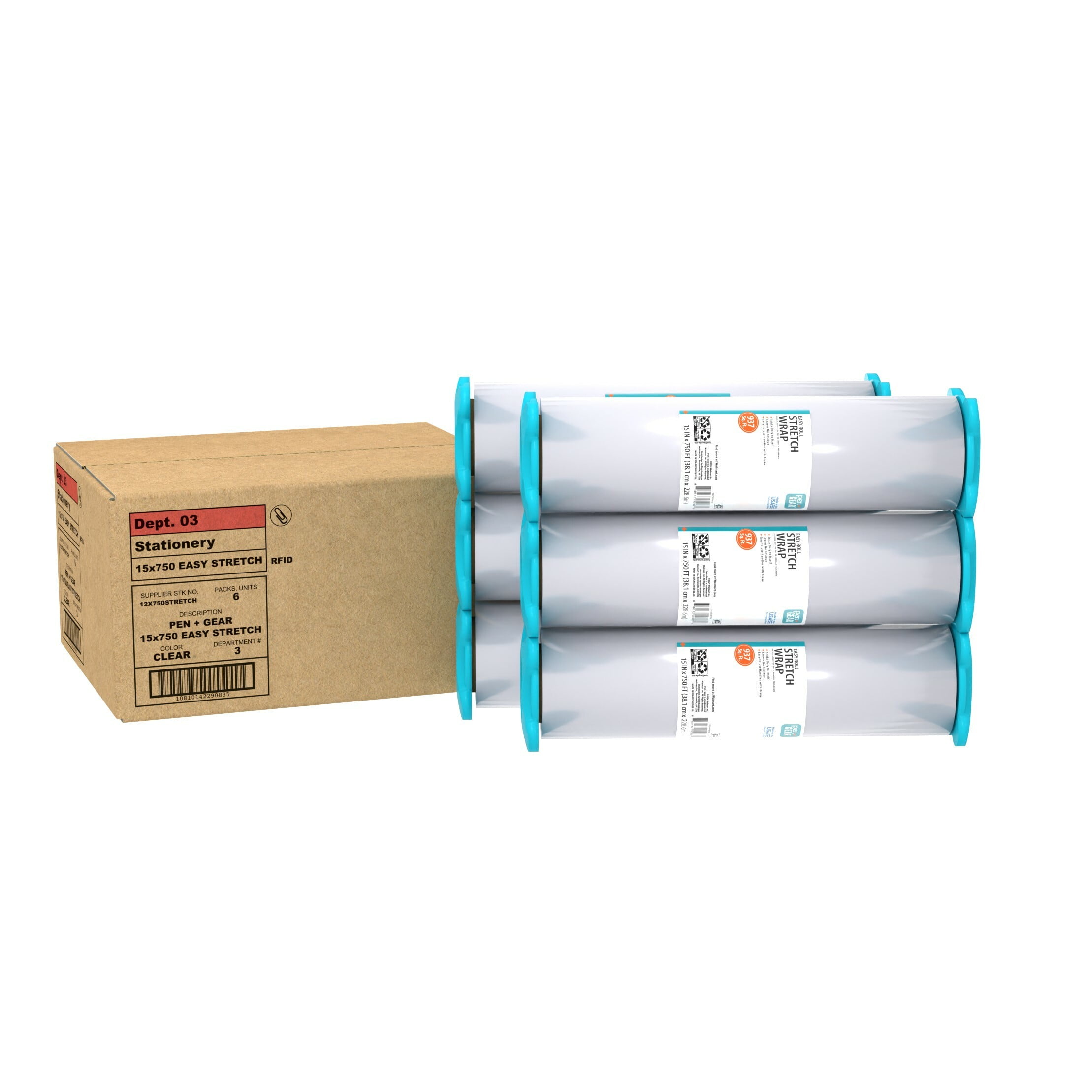 Pen+Gear Easy Roll Stretch Wrap, 15 in x 750 ft, Easy Unwind, Clear, 6-Roll Case