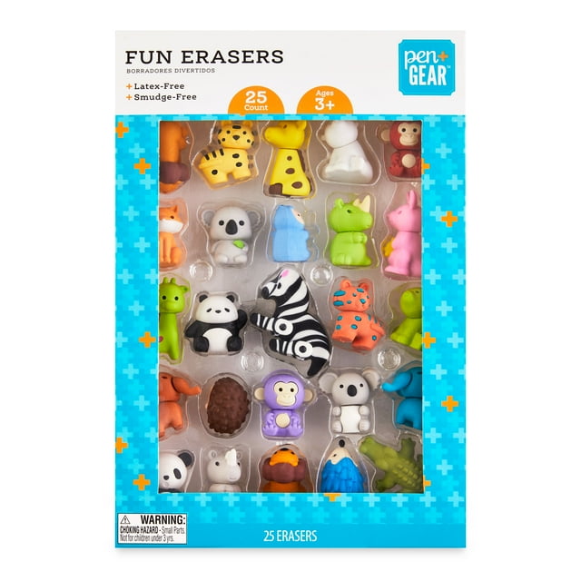 Pen + Gear Eraser Pals, Safari Theme, 25 Pack, Multicolor
